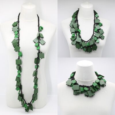 Wooden Squares on Cotton Cord Necklace - Duo - Green Mix