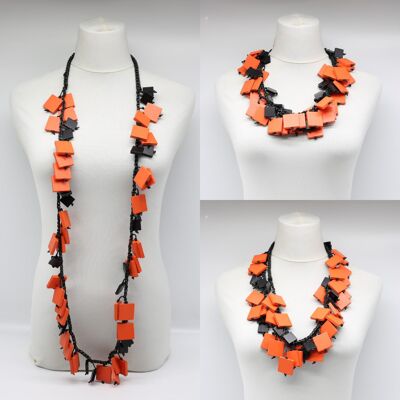 Wooden Squares on Cotton Cord Necklace - Duo - Orange/Black