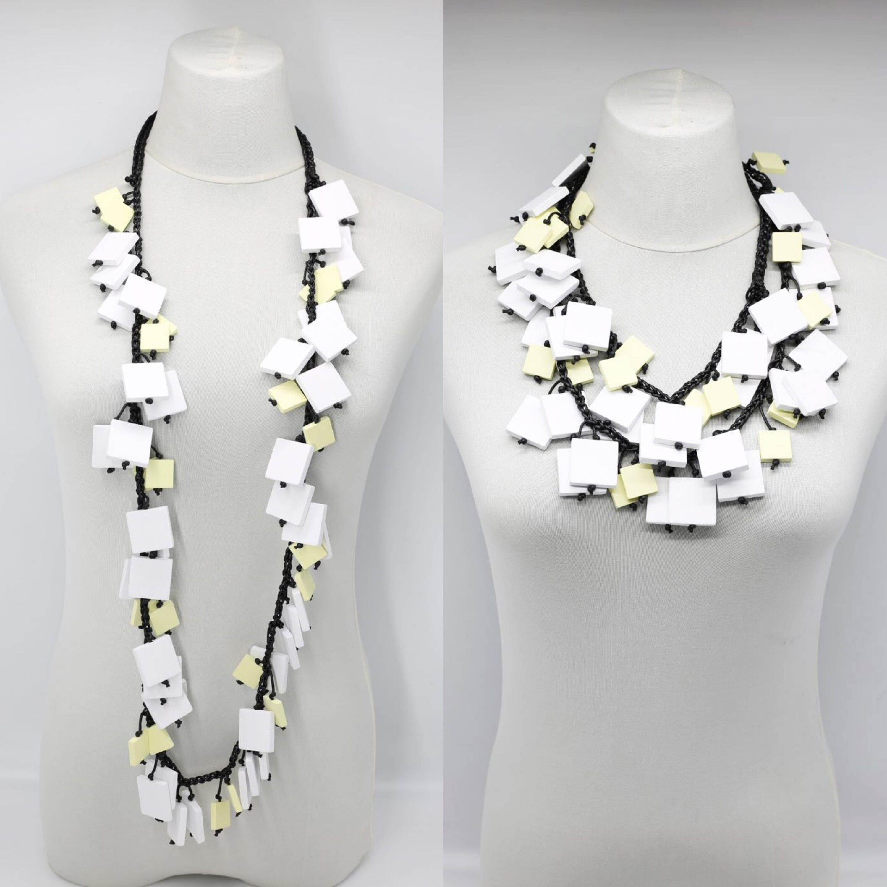 Collana in cordoncino di cotone con quadrati di legno - Duo - Bianco/Crema