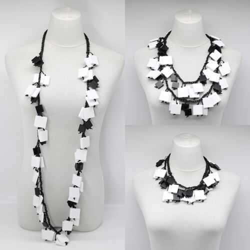 Wooden Squares on Cotton Cord Necklace - Duo - White/Black