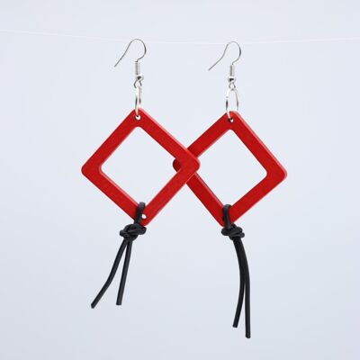 Geometric Earrings with Leatherette String - Small - Red