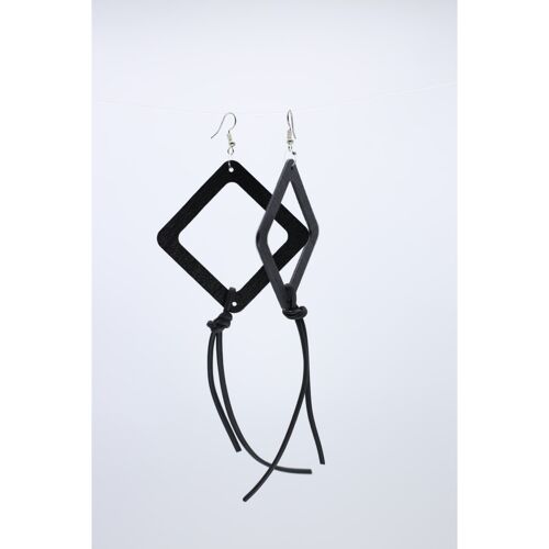 Geometric Earrings with Leatherette String - Large - Black