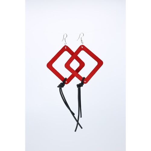 Geometric Earrings with Leatherette String - Large - Red