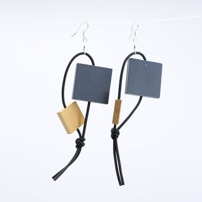 Squares on Leatherette Loop Earrings - Duo - Grey/Gold