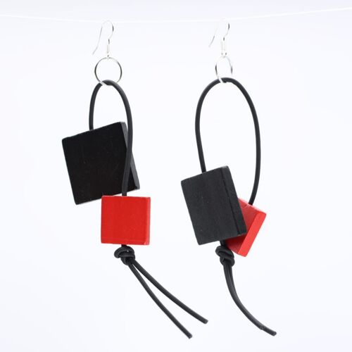 Squares on Leatherette Loop Earrings - Duo - Black/Red
