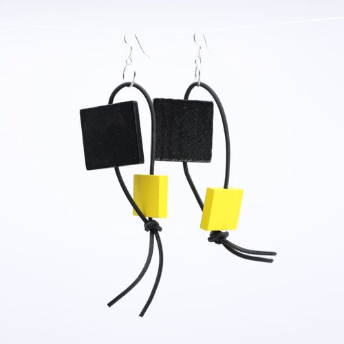 Squares on Leatherette Loop Earrings - Duo - Black/Yellow