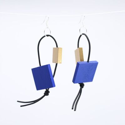 Squares on Leatherette Loop Earrings - Duo - Cobalt Blue/Gold
