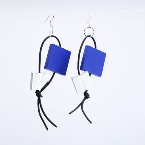 Squares on Leatherette Loop Earrings - Duo - Cobalt Blue/Silver