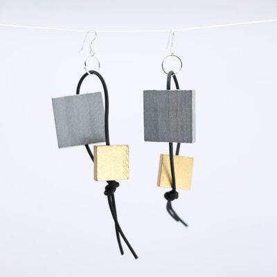 Squares on Leatherette Loop Earrings - Duo - Silver/Gold