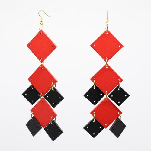 Squares Chandelier Earrings - Duo - Red/Black