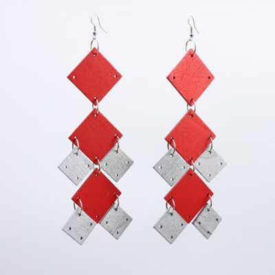 Squares Chandelier Earrings - Duo - Red/Silver