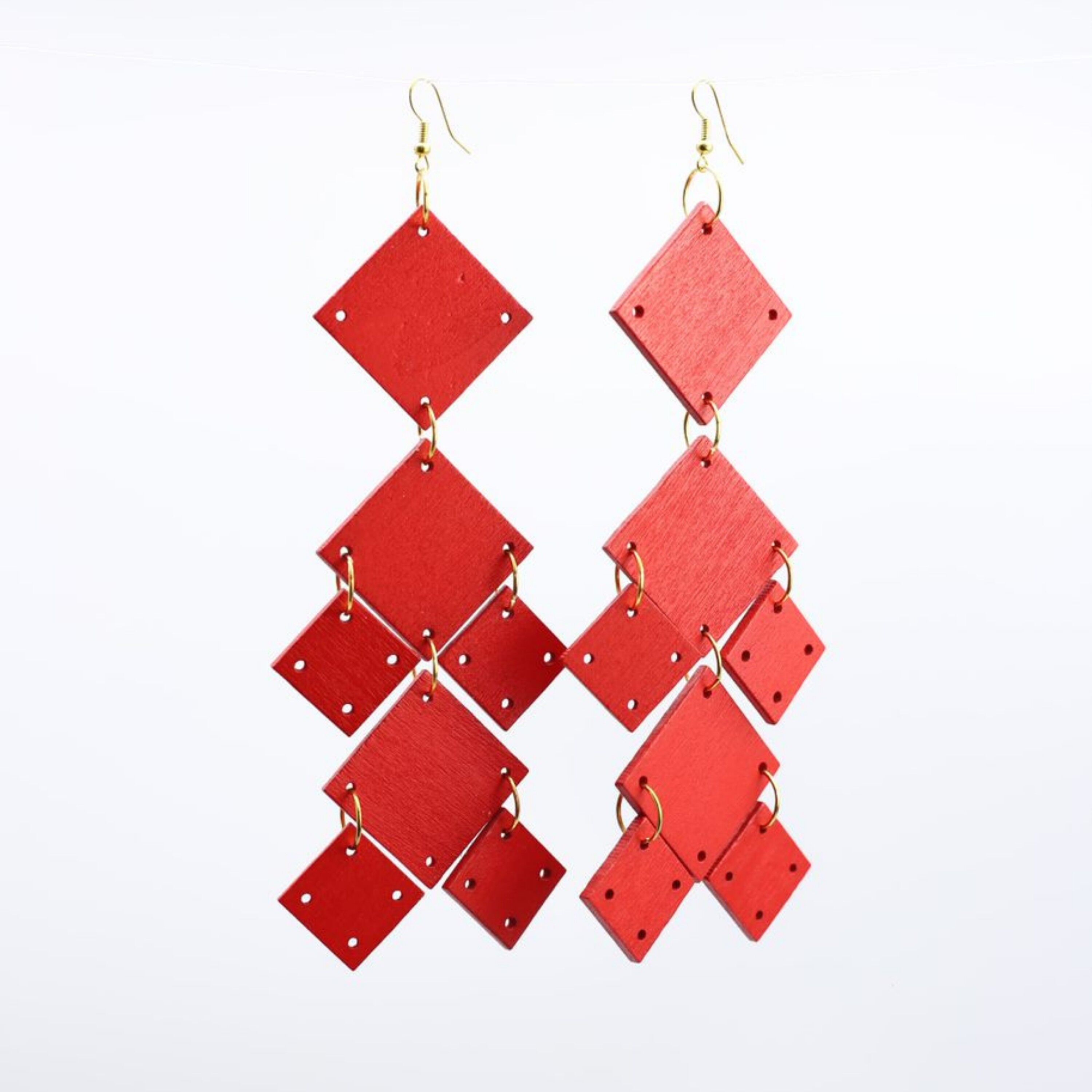 Boucles d'Oreilles Lustre Carrés - Rouge