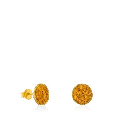 Boucles d'oreilles dormeuses moyennes en or sable avec nacre couleur moutarde