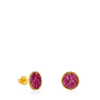 Medium gold bougainvillea sleeper earrings with purple mother-of-pearl