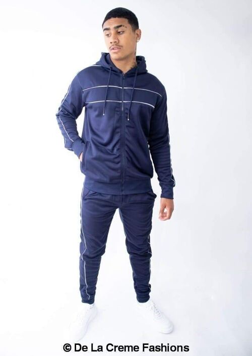 LIAM - Mens Poly Tech Piping Detail Hooded Tracksuit__Navy / XL