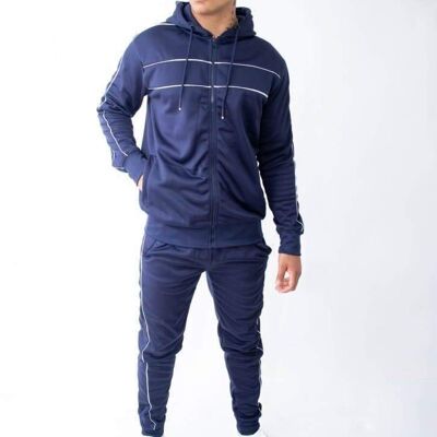 LIAM - Mens Poly Tech Piping Detail Hooded Tracksuit__Navy / XL