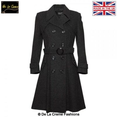 De La Creme Womens Wool Blend Double Breasted Trench Coat__Navy / UK 26/EU 54/US 22