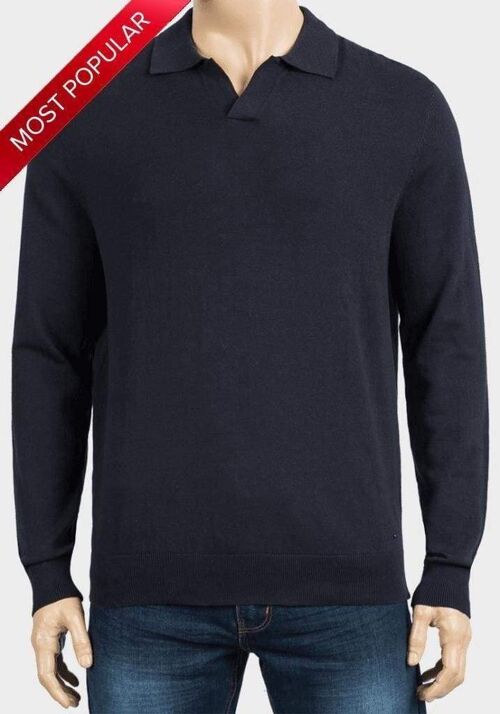 De La Creme MAN - Navy Long Sleeve Collared Knitted Top__XXL