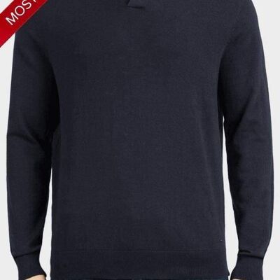 De La Creme MAN - Navy Long Sleeve Collared Knitted Top__XXL