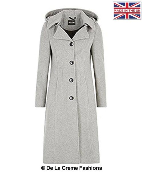 De La Creme Womens Wool And Cashmere Hooded Mid Length Coat__Silver / UK 24/EU 52/US 20