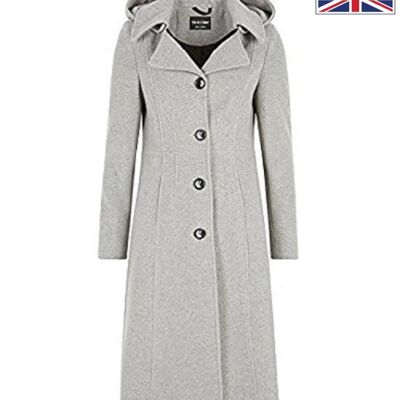 De La Creme Womens Wool And Cashmere Hooded Mid Length Coat__Silver / UK 24/EU 52/US 20
