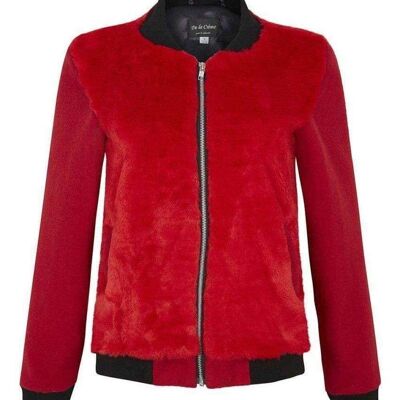 De La Creme - Womens Faux Fur Zip-Thru Varsity Bomber Jacket__Red / L (UK 14-16)