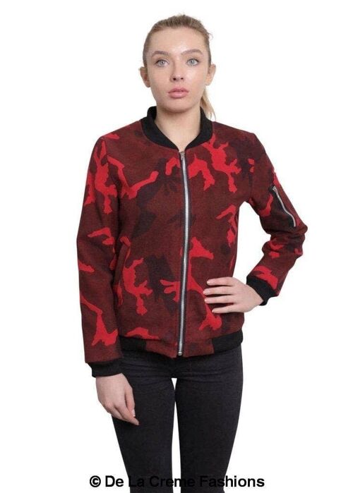 De La Creme - Womens Camo Zip-Thru Varsity Bomber Jacket__Red / L (UK 16-18)