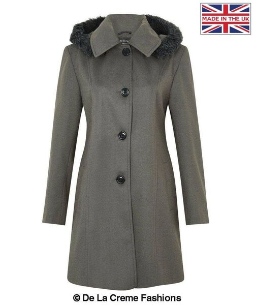 De La Creme - Women's Faux Fur Trim Hooded Coat__Grey / UK 26/EU 54/US 22