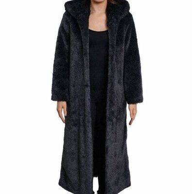 De La Creme - Damen ikonischer langer Mantel mit Kunstpelz-Kapuze__Grau / UK 18/EU 46/US 14