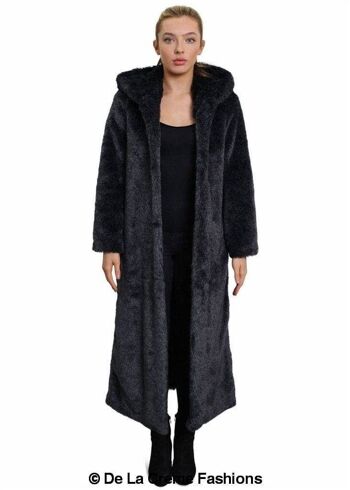 De La Creme - Manteau long à capuche en fausse fourrure emblématique pour femme__Gris / UK 18/EU 46/US 14 1