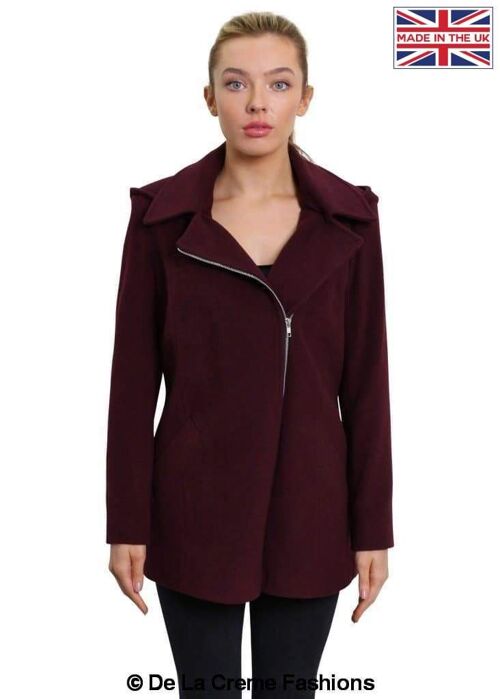 De La Creme - Women's Wool Blend Zip Up Hooded Coat__Wine / UK 20/EU 48/US 16