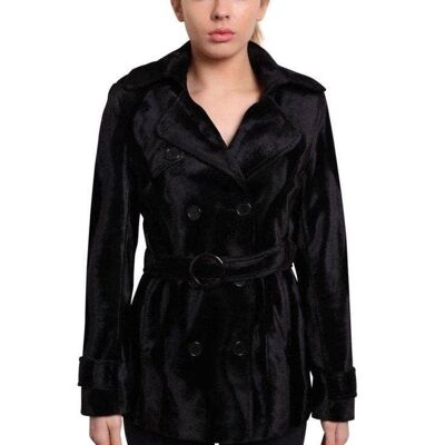 Manteau court à double boutonnage en peau de poney noir pour femme__Black / UK 20/EU 48/US 16