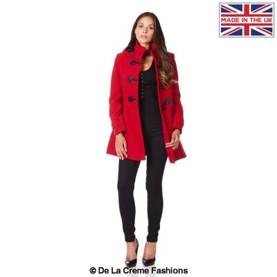 De La Creme - Womens Hooded Zip Toggle Fastened Coat__Red / UK 20/EU 48/US 16