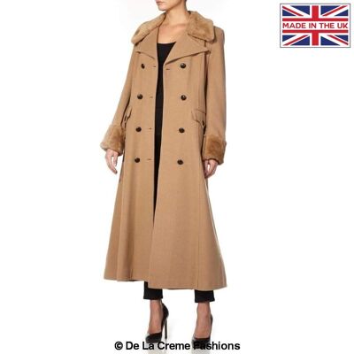 De La Creme Damen Wollmischung Faux Fur Trim Maxi Coat__Camel / UK 26/EU 54/US 22