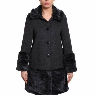 De La Creme - Damen Mantel aus Wollmischung mit Kunstpelzbesatz__Grau / UK 18/EU 46/US 14