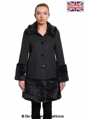 De La Creme - Manteau en laine mélangée avec bordure en fausse fourrure pour femme__Gris / UK 18/EU 46/US 14 1