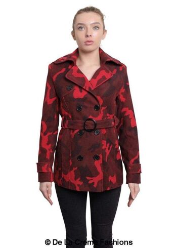 De La Creme - Manteau court à double boutonnage imprimé camouflage pour femme__Rouge / UK 20/EU 48/US 16 1
