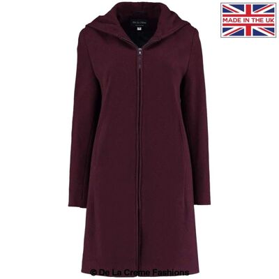 De La Creme - Women's Wool Blend Hooded Zip Coat__Wine / UK 20/EU 48/US 16