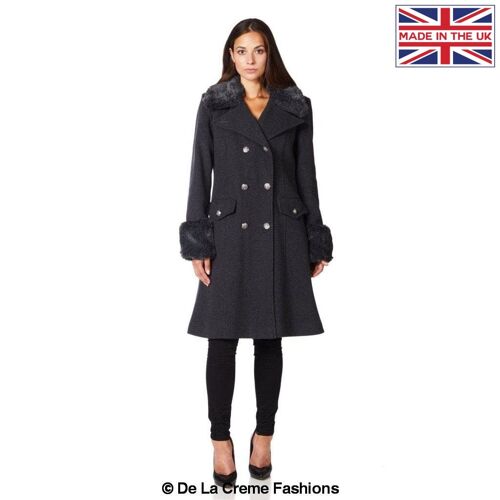 De La Creme - Women's Military Faux Fur Trim Midi Coat__Grey / UK 20/EU 48/US 16