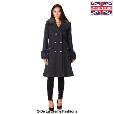 De La Creme - Damen Military Faux Fur Trim Midi Coat__Grey / UK 20/EU 48/US 16