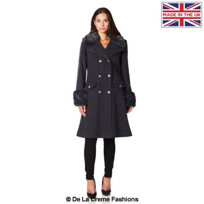 De La Creme - Abrigo midi militar con ribete de piel sintética para mujer__Gris / UK 20 / EU 48 / US 16