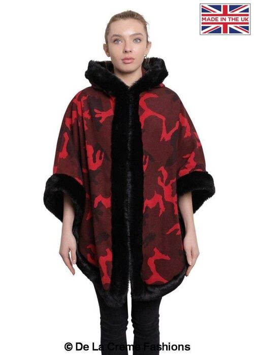 De La Creme - Women's Camo Print Fur Trim Hooded Cape__Red / One Size