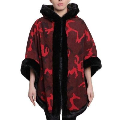 De La Creme - Women's Camo Print Fur Trim Hooded Cape__Red / One Size