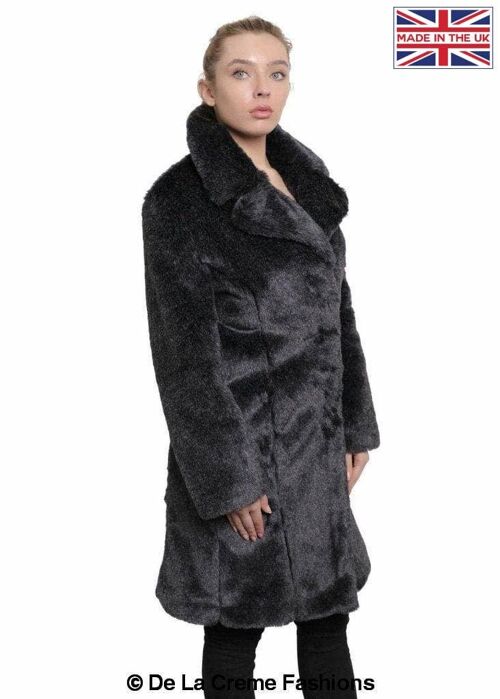 De La Creme - Womens Faux Fur Large Lapel Mid Length Coat__Grey / UK 20/EU 48/US 16