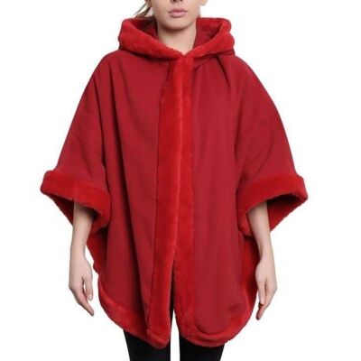 Capa con capucha y forro de piel de mezcla de lana y cachemira para mujer__Rojo / Talla única