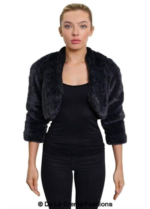 Womens Open Front Faux Fur Bolero Shrug Cropped Jacket__Grey / UK 16/EU 44/US 12