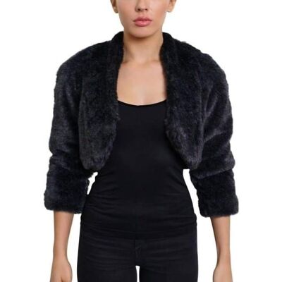 Womens Open Front Faux Fur Bolero Shrug Cropped Jacket__Grey / UK 16/EU 44/US 12