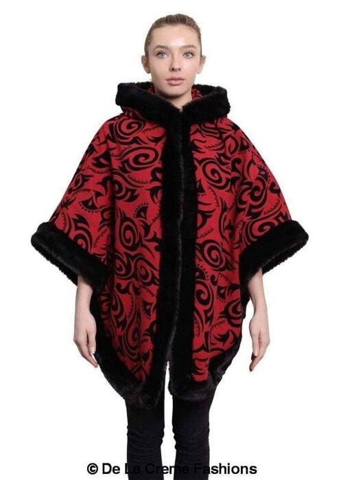 De La Creme - Women's Tribal Print Fur Lined Hooded Cape__Red / One Size
