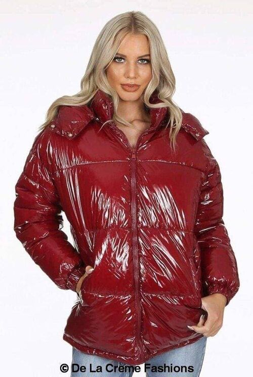 Womens High Shine Funnel Neck Quilted Jacket__Burgundy / XL