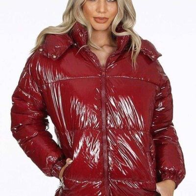 Womens High Shine Funnel Neck Quilted Jacket__Burgundy / XL